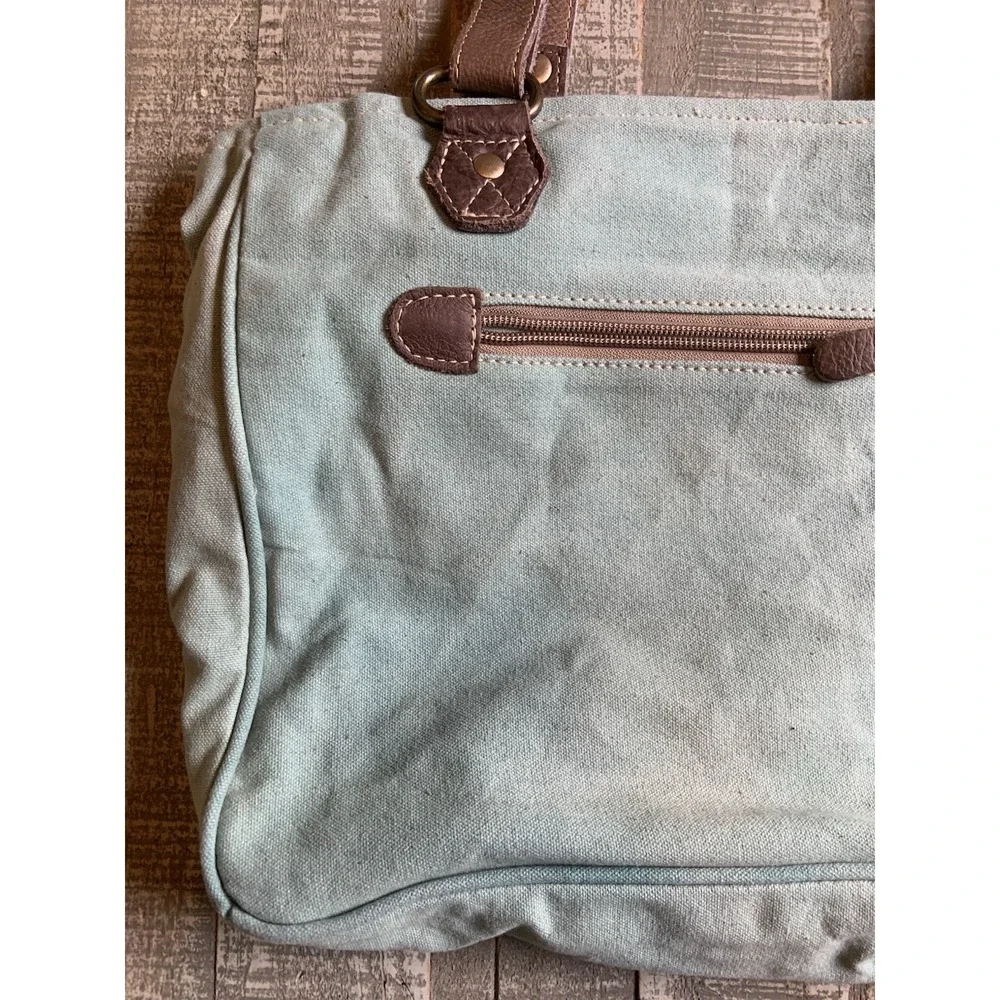 Myra Bag Small Turquoise Canvas Leather‎ Texas EST. 1962 Up-cycled Tote Handbag